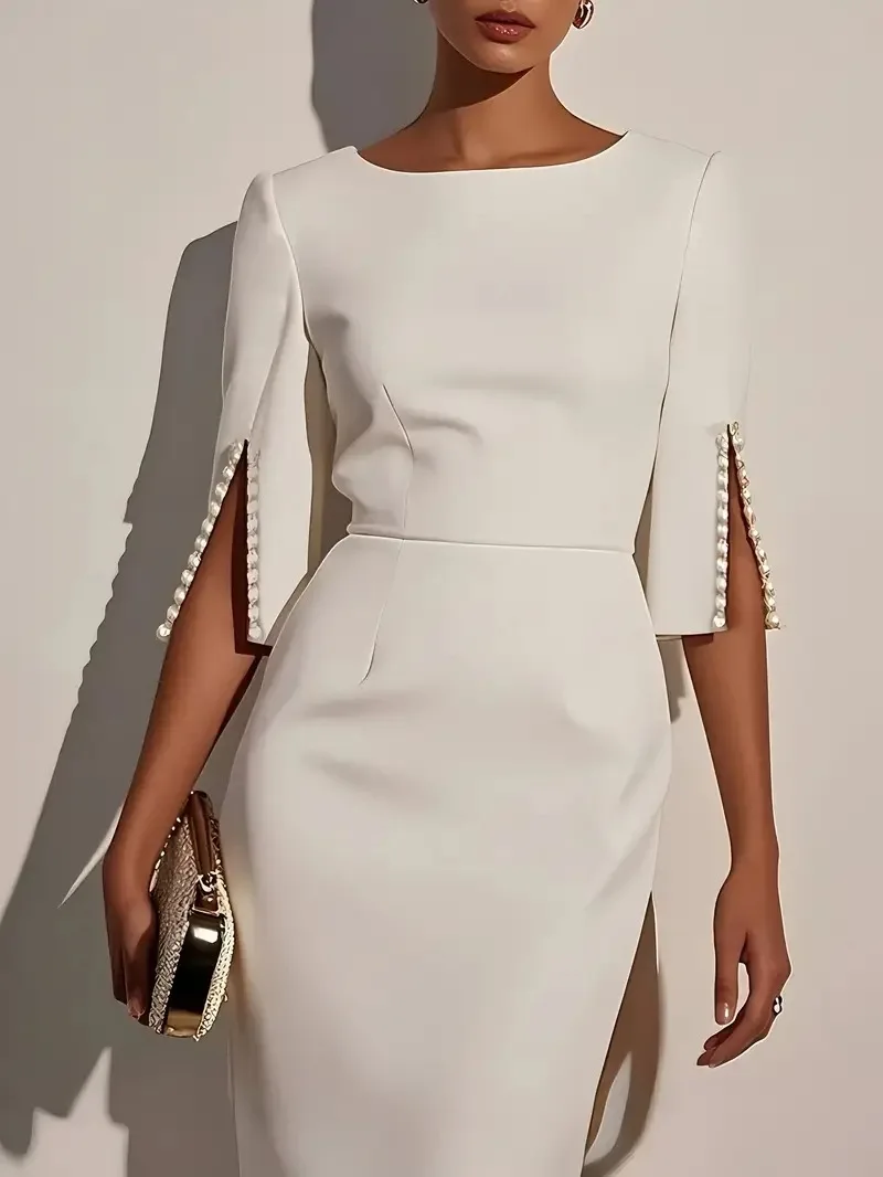 2025 Dress for Women Fashion Comfortable Office Solid Color Commuter Bead Slim and Elegant Evening Party Dress