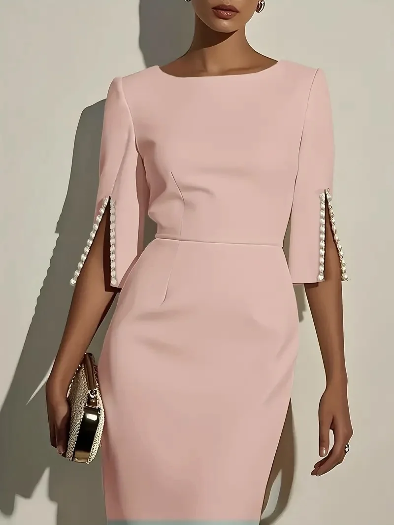 2025 Dress for Women Fashion Comfortable Office Solid Color Commuter Bead Slim and Elegant Evening Party Dress