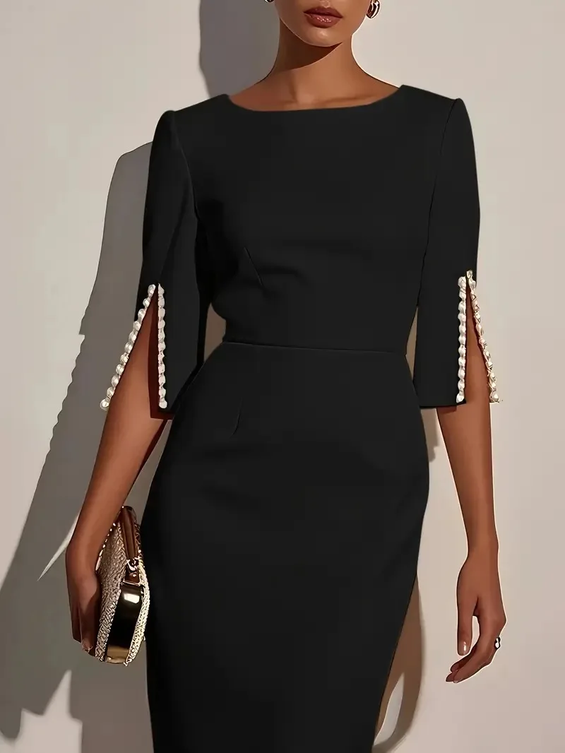 2025 Dress for Women Fashion Comfortable Office Solid Color Commuter Bead Slim and Elegant Evening Party Dress