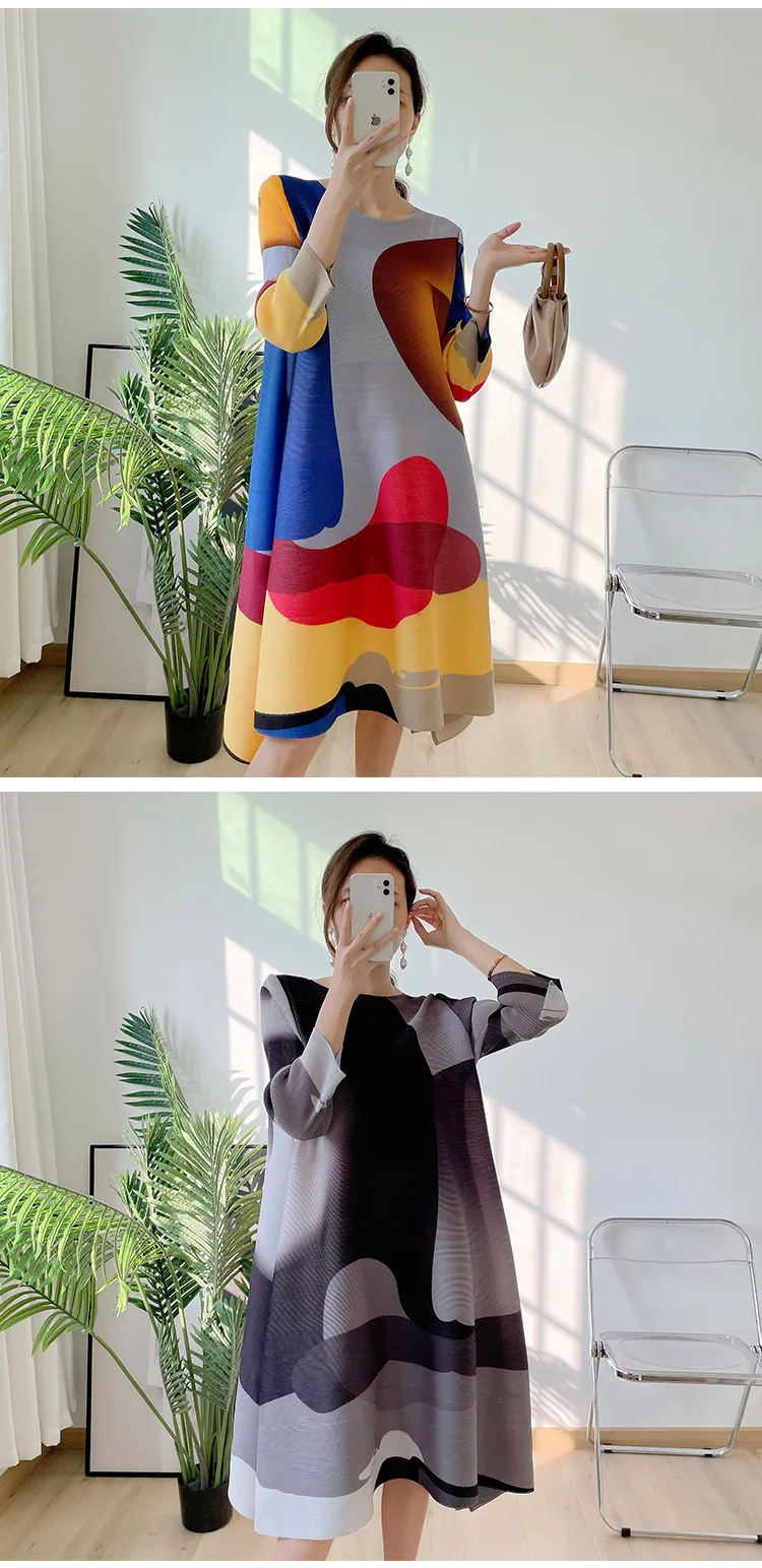 LANMREM Irregular Printing Pleated Dress Women's Round Neck Loose Contrast Color Dresses Female 2025 Spring Summer Tide 2R1504
