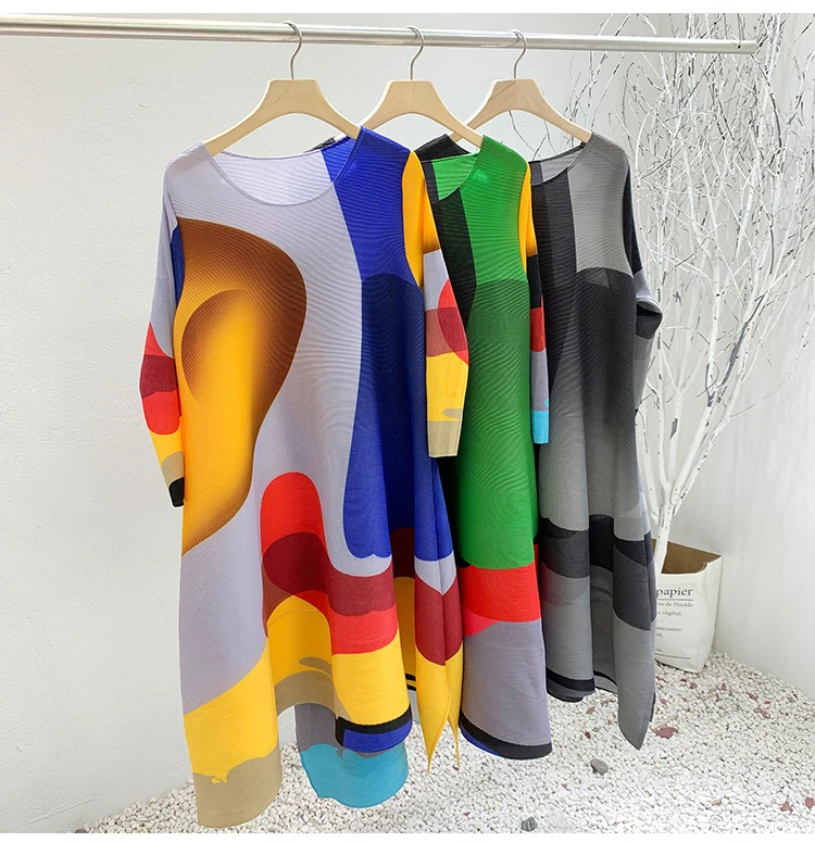 LANMREM Irregular Printing Pleated Dress Women's Round Neck Loose Contrast Color Dresses Female 2025 Spring Summer Tide 2R1504