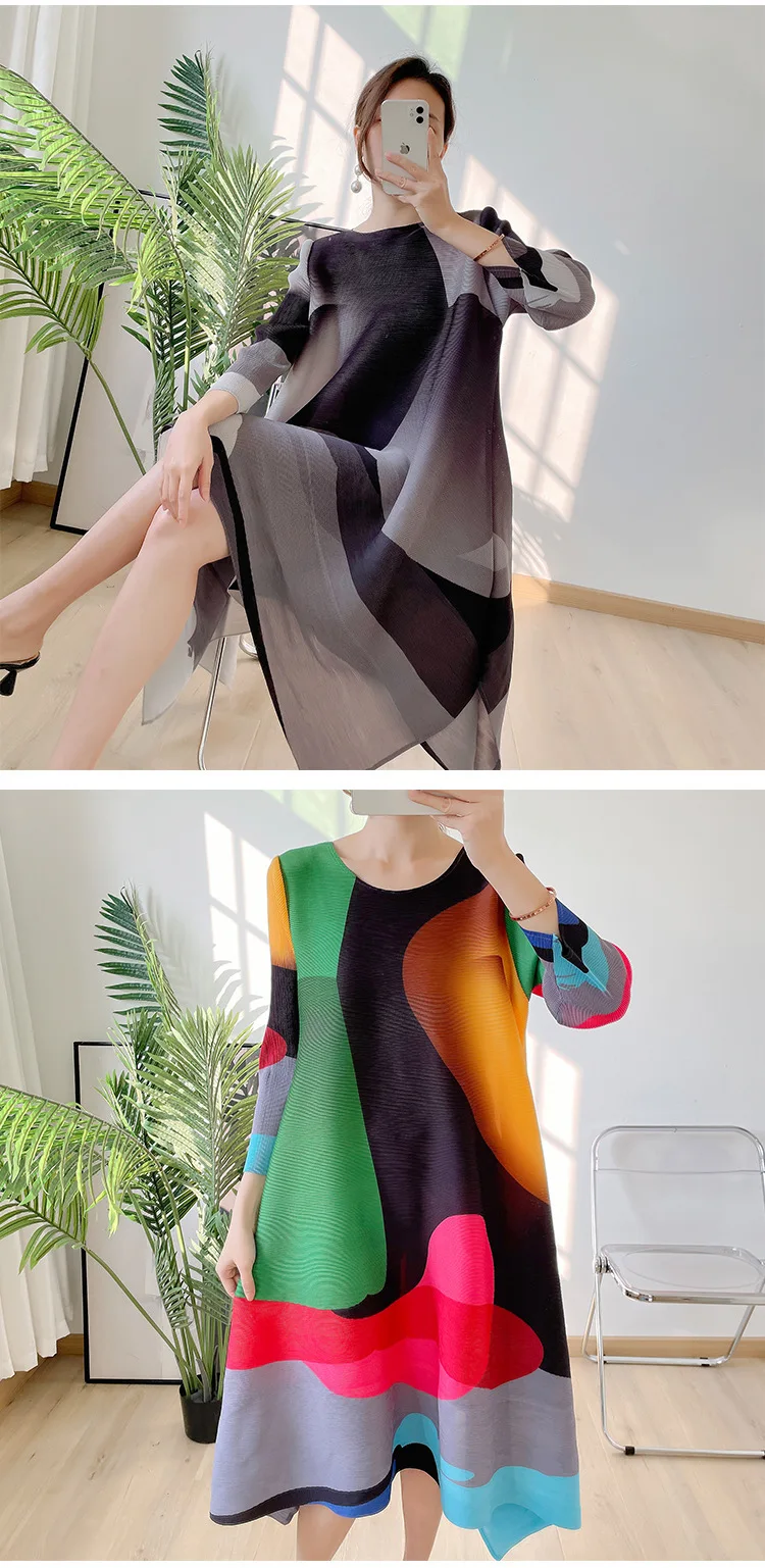 LANMREM Irregular Printing Pleated Dress Women's Round Neck Loose Contrast Color Dresses Female 2025 Spring Summer Tide 2R1504