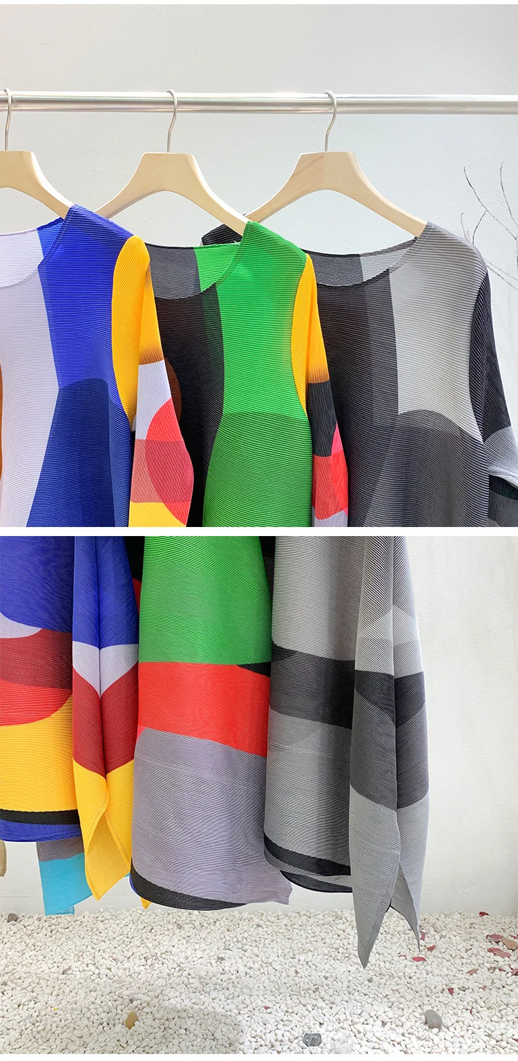 LANMREM Irregular Printing Pleated Dress Women's Round Neck Loose Contrast Color Dresses Female 2025 Spring Summer Tide 2R1504