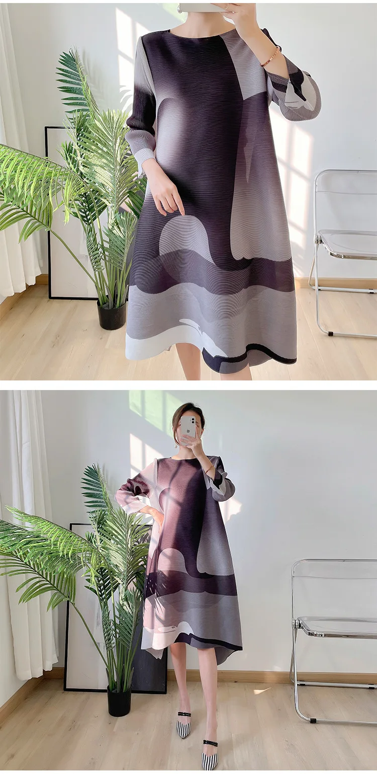 LANMREM Irregular Printing Pleated Dress Women's Round Neck Loose Contrast Color Dresses Female 2025 Spring Summer Tide 2R1504