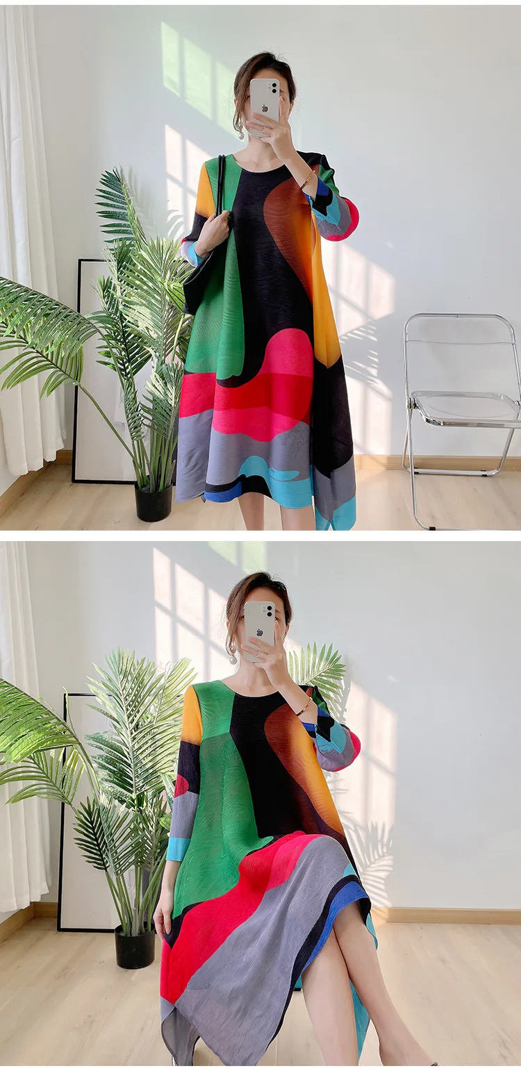 LANMREM Irregular Printing Pleated Dress Women's Round Neck Loose Contrast Color Dresses Female 2025 Spring Summer Tide 2R1504