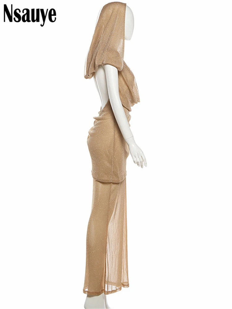 Nsauye Women Party Glitter Slim Pleated Hooded Dress Club 2026 Spring New Sexy Backless Sleeveless V Neck Evening Maxi Dresses