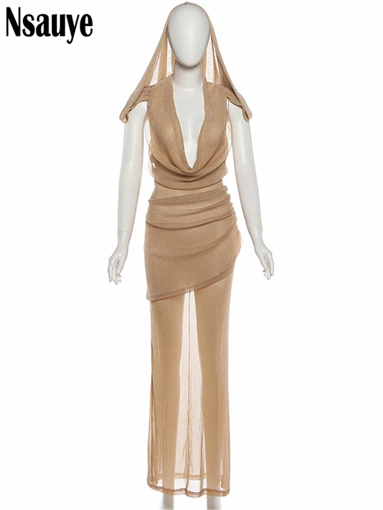 Nsauye Women Party Glitter Slim Pleated Hooded Dress Club 2026 Spring New Sexy Backless Sleeveless V Neck Evening Maxi Dresses