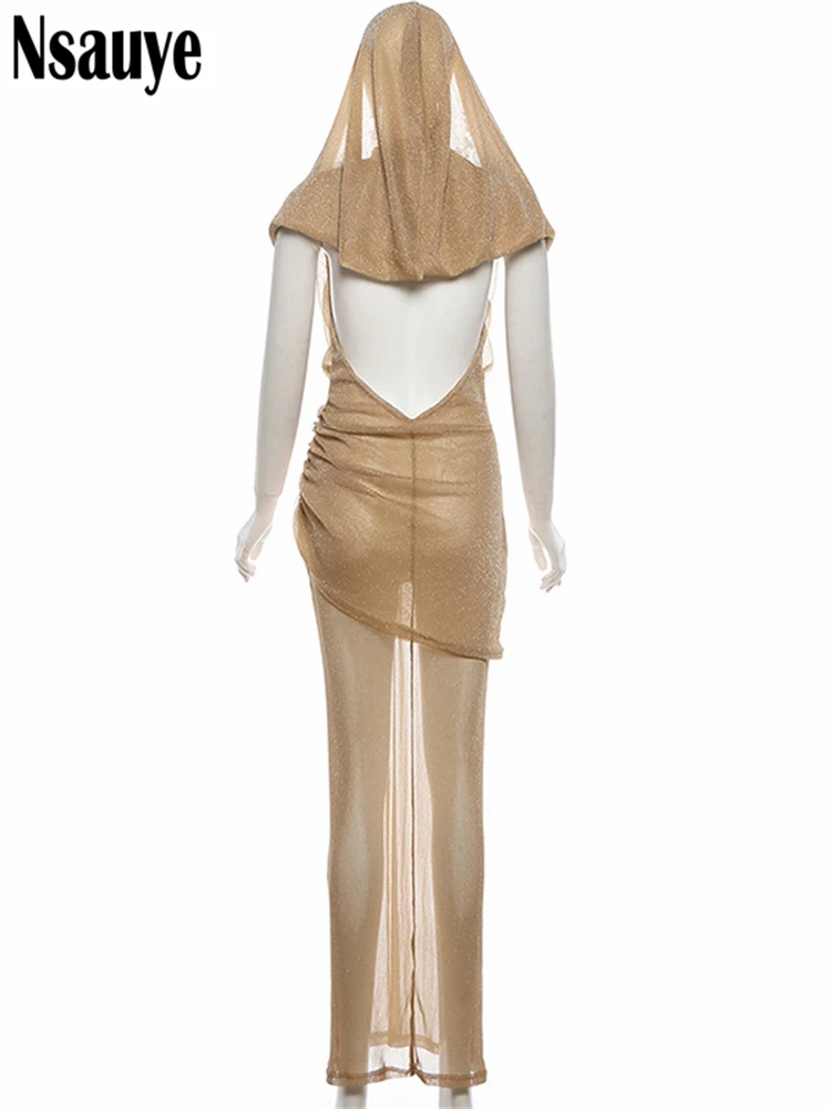 Nsauye Women Party Glitter Slim Pleated Hooded Dress Club 2026 Spring New Sexy Backless Sleeveless V Neck Evening Maxi Dresses