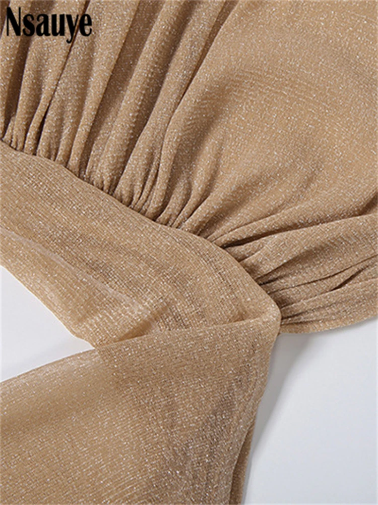 Nsauye Women Party Glitter Slim Pleated Hooded Dress Club 2026 Spring New Sexy Backless Sleeveless V Neck Evening Maxi Dresses