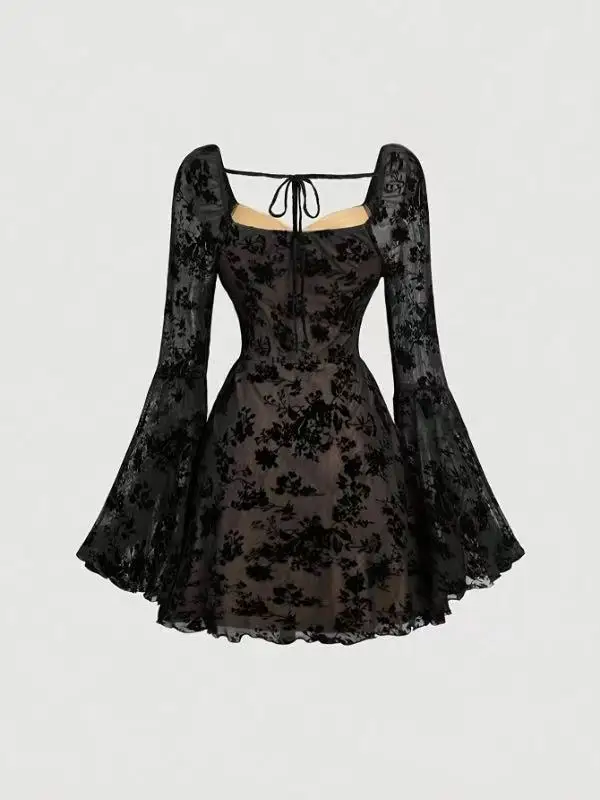 Sexy Womens Dress Temperament Embroidered Slim Fashion Elegant Evening Gown Long Sleeve Lace Strappy High Waist A-Line Vestido