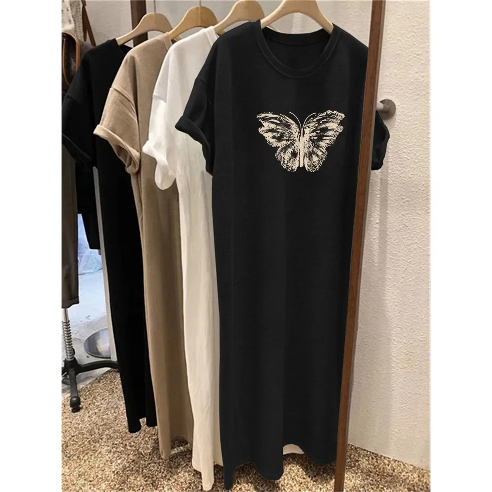 Summer Short Sleeved Dress Women's Korean Ins Butterfly Print Oversized Loose Round Neck Dress