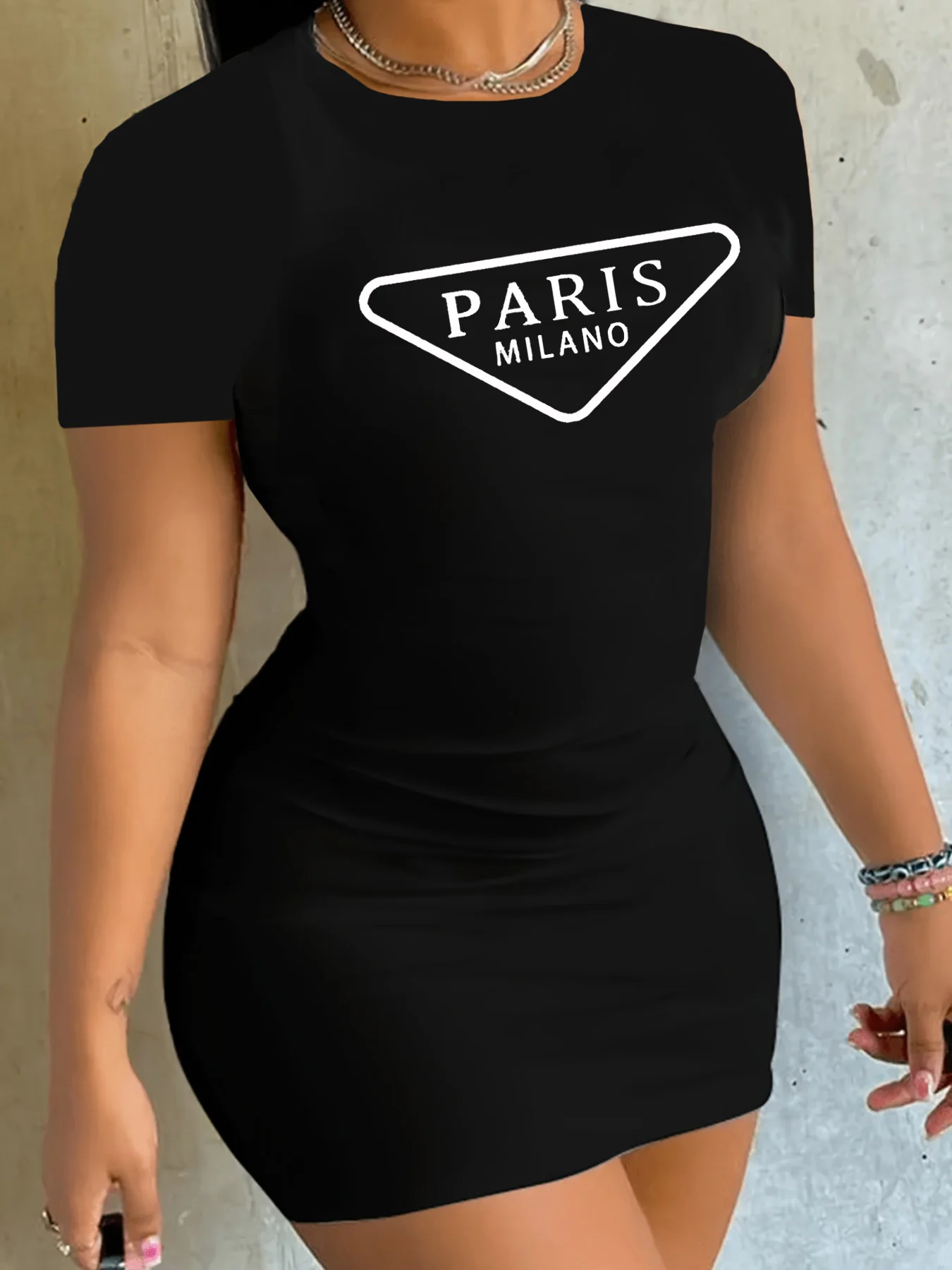 Summer Women's PARIS Letter Print Casual Slim Fit Short Sleeved Round Neck T-Shirt Short Mini Dress