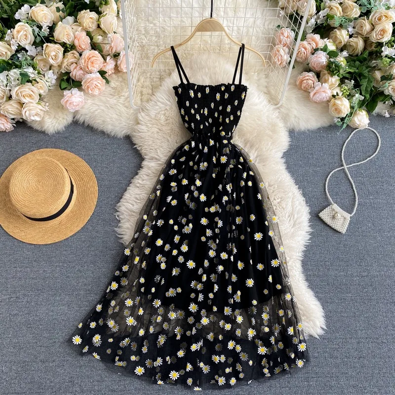 YuooMuoo Women Dress 2026 New Korean Fashion Floral Print Spaghetti Straps Mesh Party Dress Vacation Style Lady Beach Vestidos