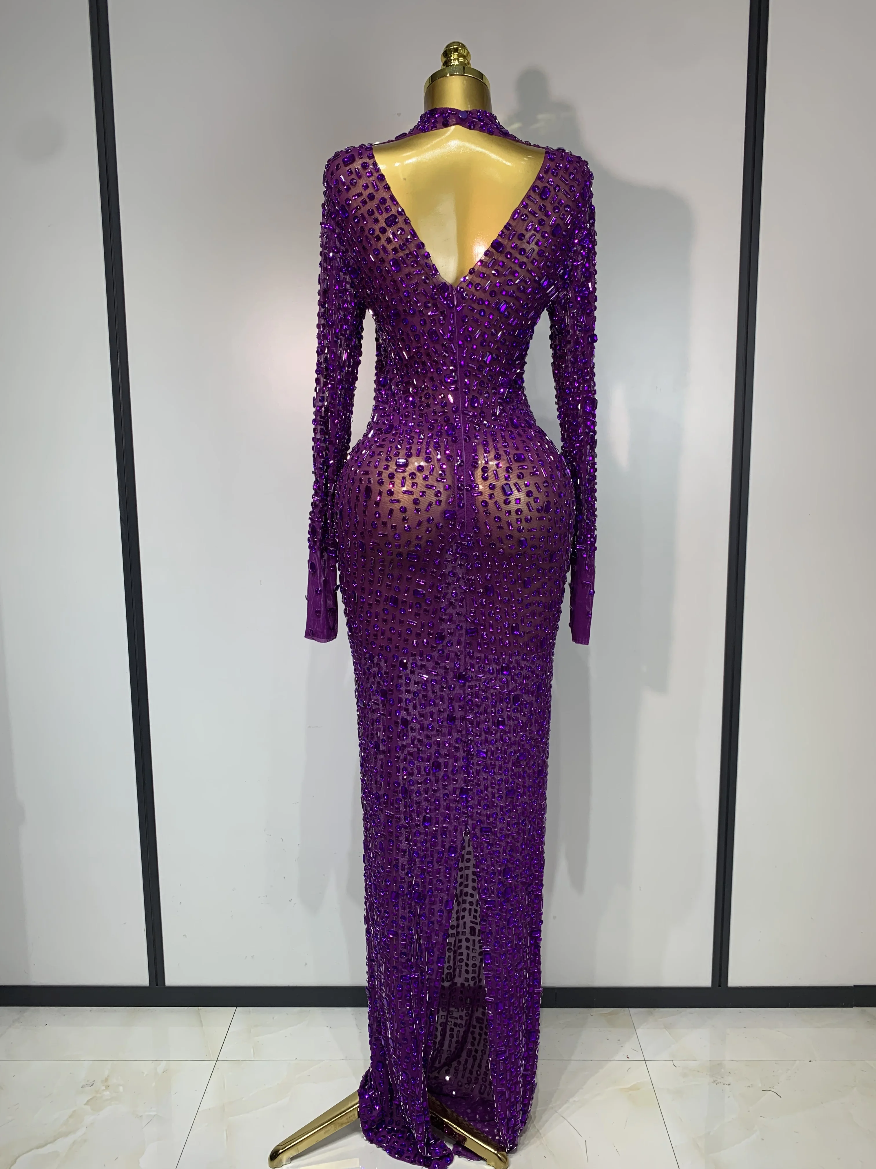 Sparkly Luxury Rhinstones Long Sleeve Elegant Party Dress Women 2025 Performance Stage Outfit Evening Birthday Prom Gown