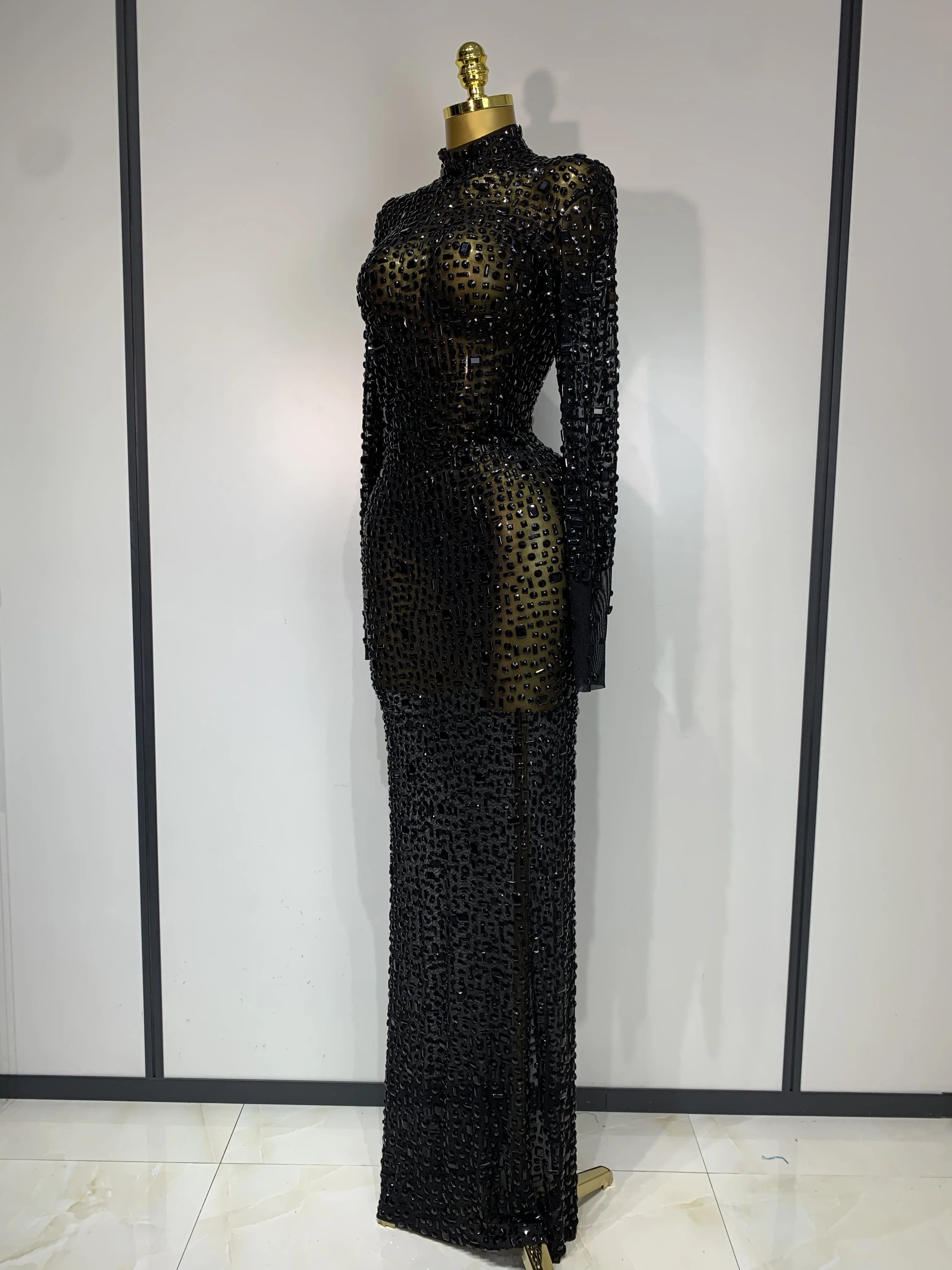 Sparkly Luxury Rhinstones Long Sleeve Elegant Party Dress Women 2025 Performance Stage Outfit Evening Birthday Prom Gown