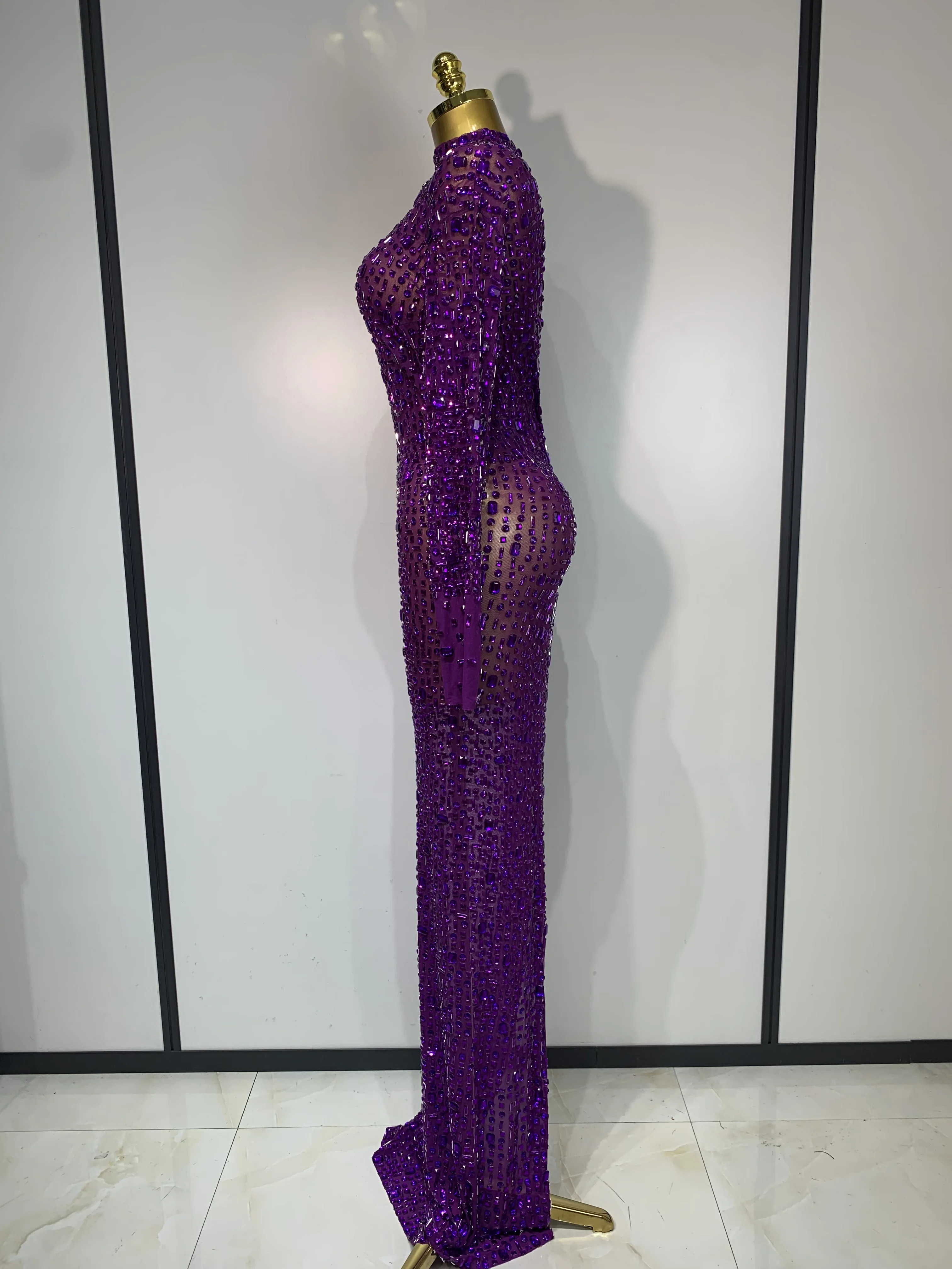 Sparkly Luxury Rhinstones Long Sleeve Elegant Party Dress Women 2025 Performance Stage Outfit Evening Birthday Prom Gown