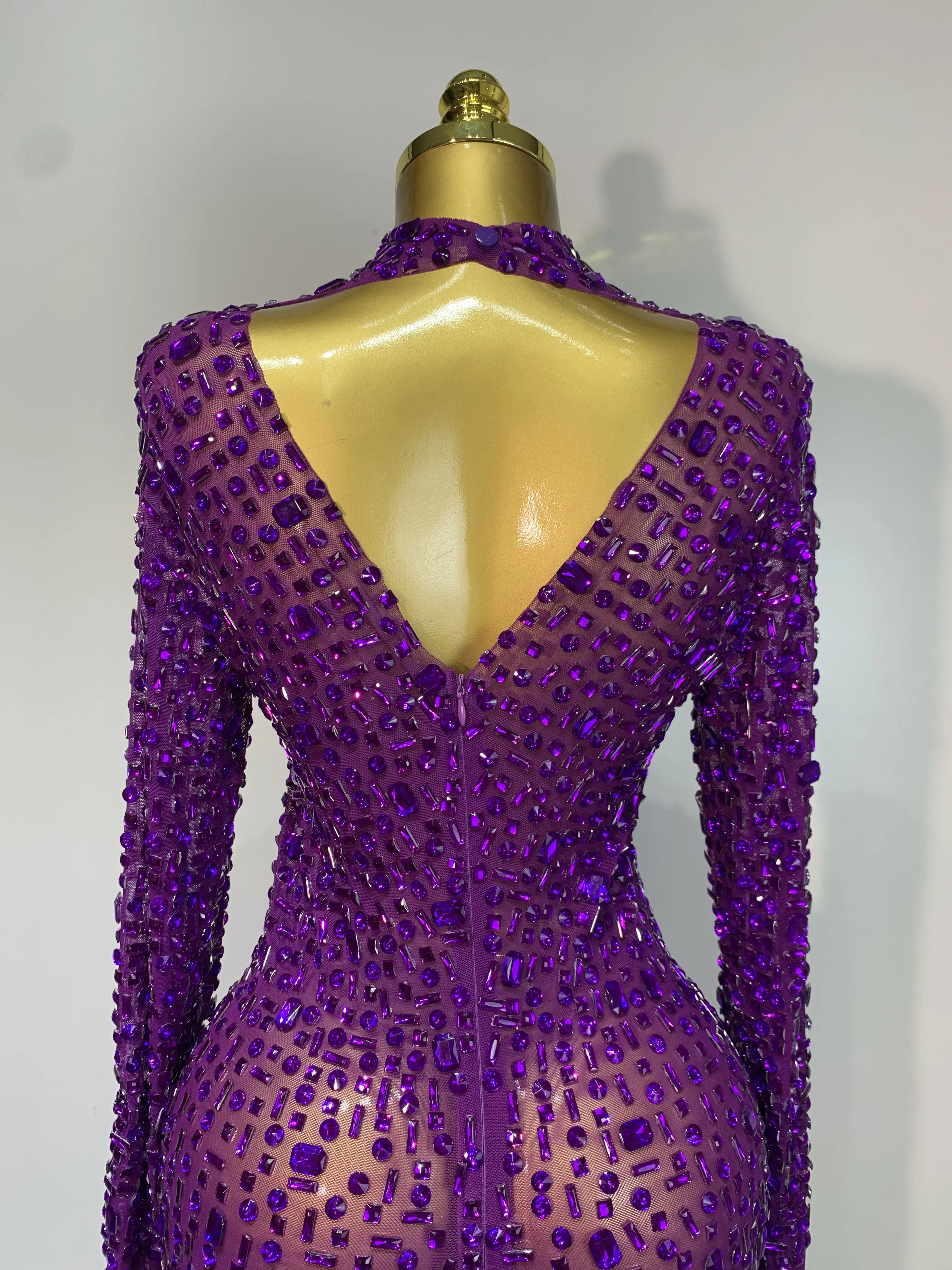 Sparkly Luxury Rhinstones Long Sleeve Elegant Party Dress Women 2025 Performance Stage Outfit Evening Birthday Prom Gown