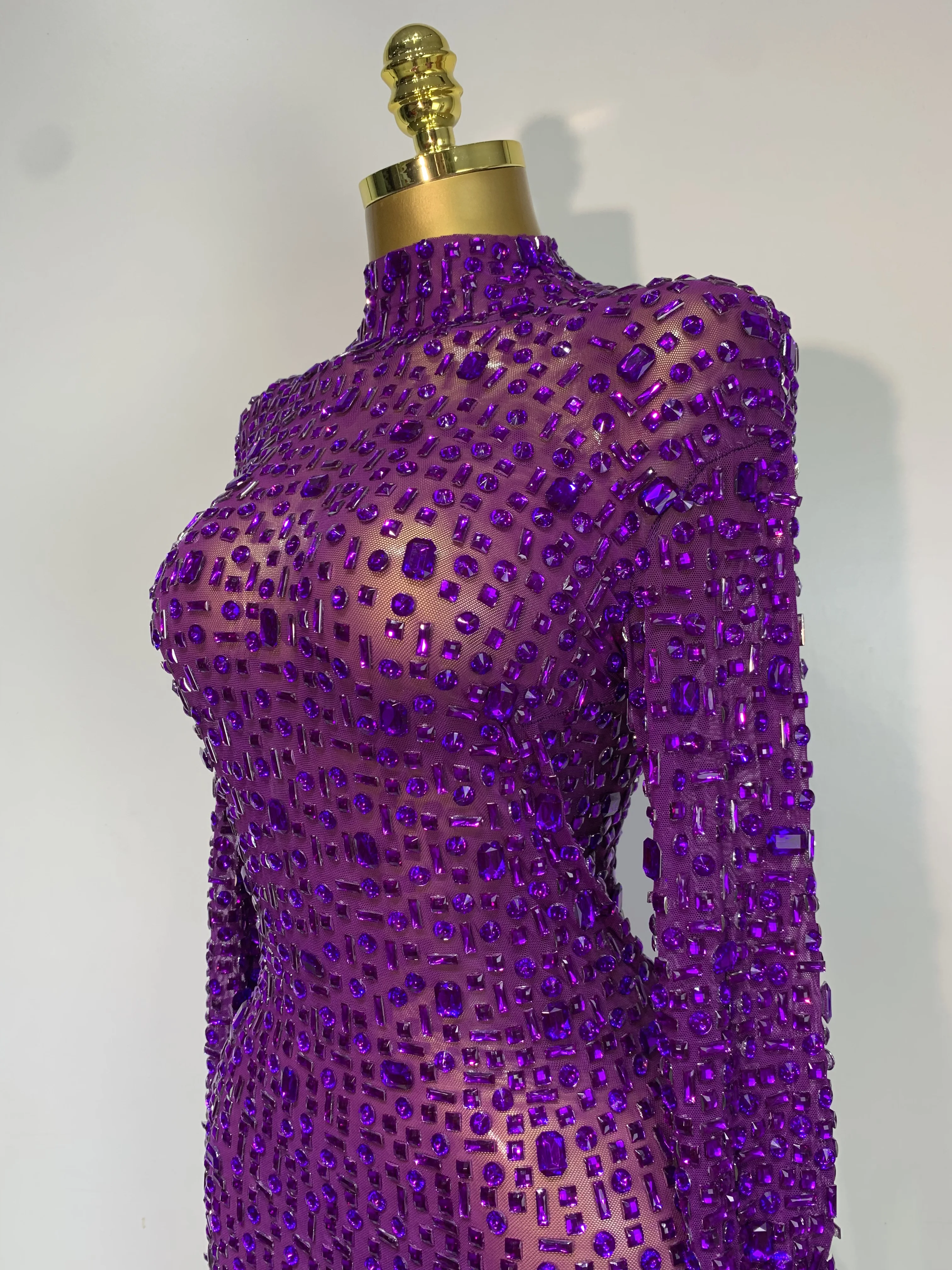 Sparkly Luxury Rhinstones Long Sleeve Elegant Party Dress Women 2025 Performance Stage Outfit Evening Birthday Prom Gown
