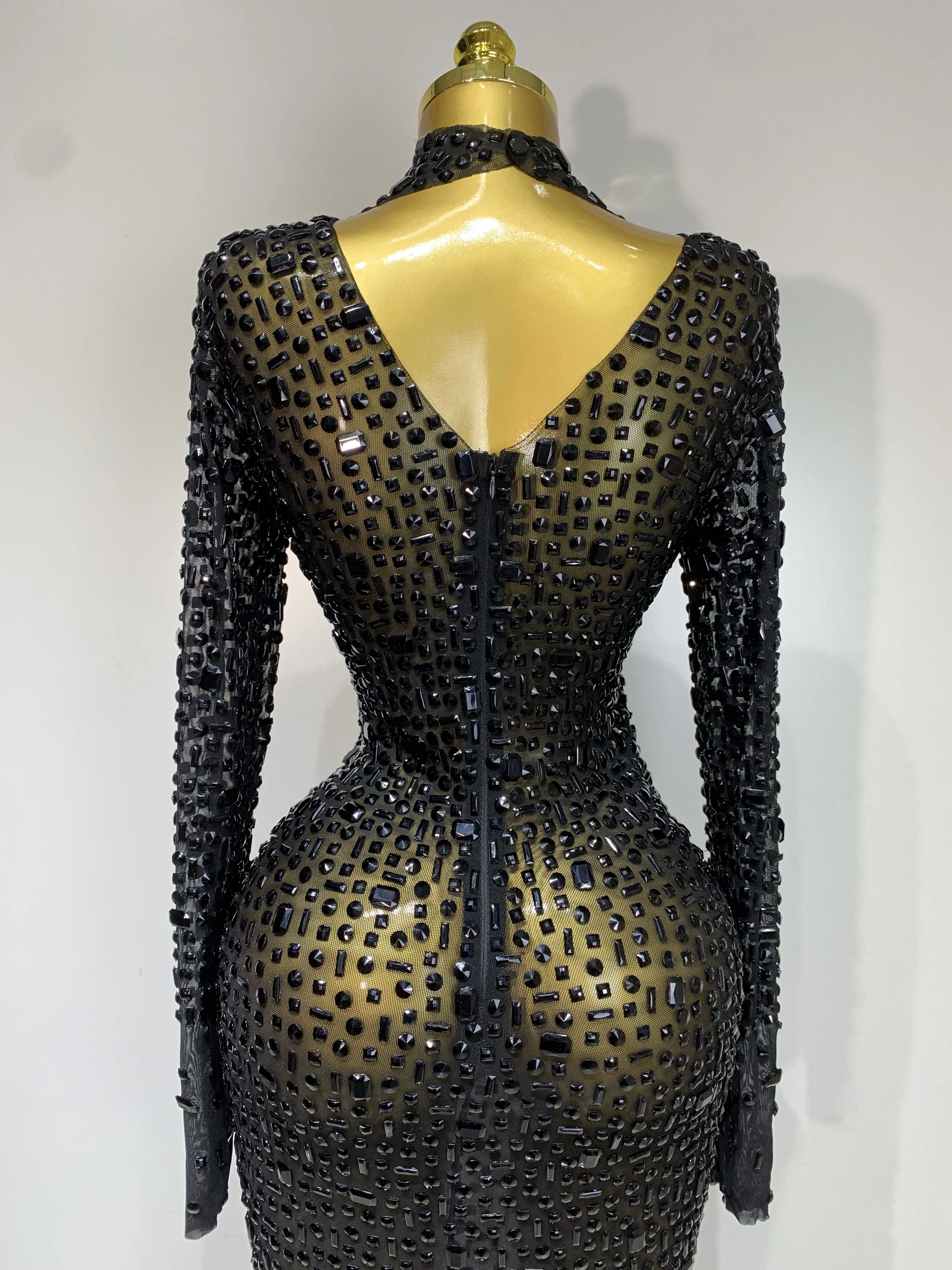 Sparkly Luxury Rhinstones Long Sleeve Elegant Party Dress Women 2025 Performance Stage Outfit Evening Birthday Prom Gown