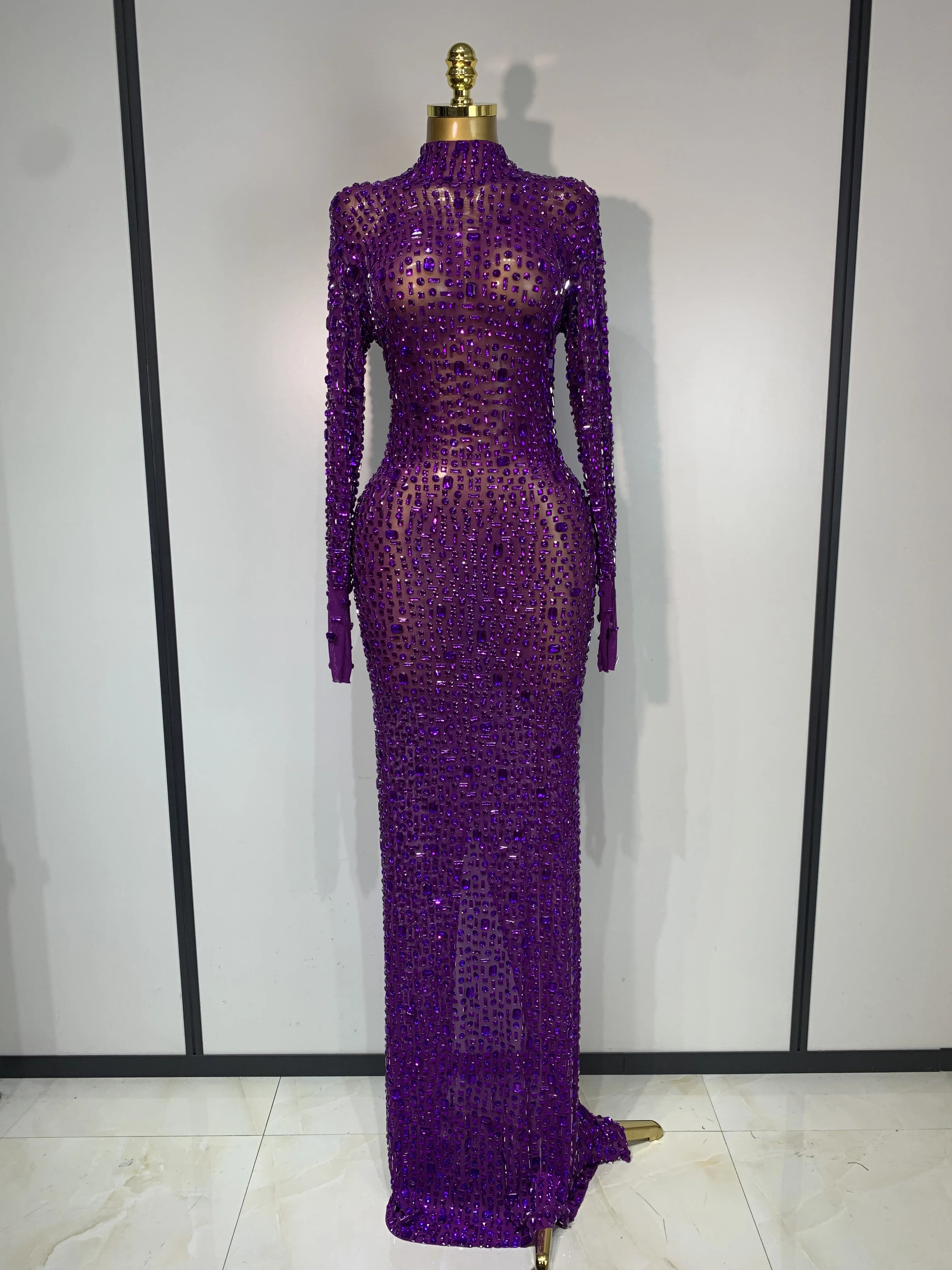 Sparkly Luxury Rhinstones Long Sleeve Elegant Party Dress Women 2025 Performance Stage Outfit Evening Birthday Prom Gown