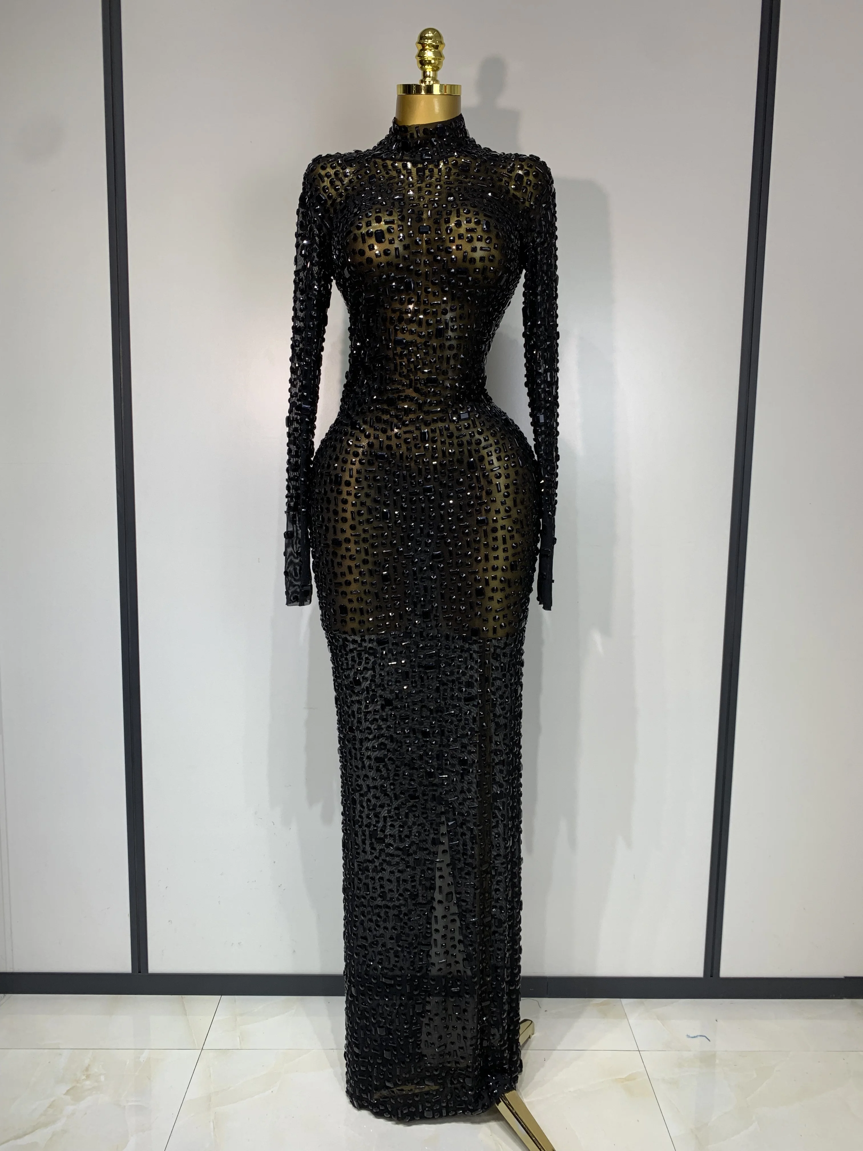 Sparkly Luxury Rhinstones Long Sleeve Elegant Party Dress Women 2025 Performance Stage Outfit Evening Birthday Prom Gown