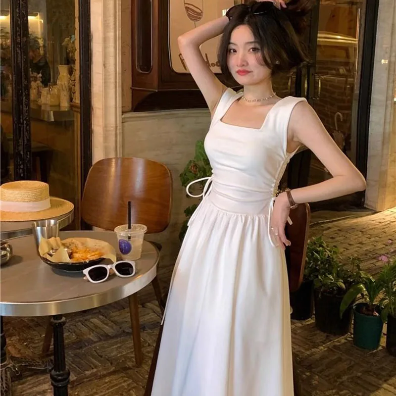 French Style White Suspender Dress Woman Korean Chic Drawstring High Waist Long Dresses Summer Sleeveless Square Collar Dress