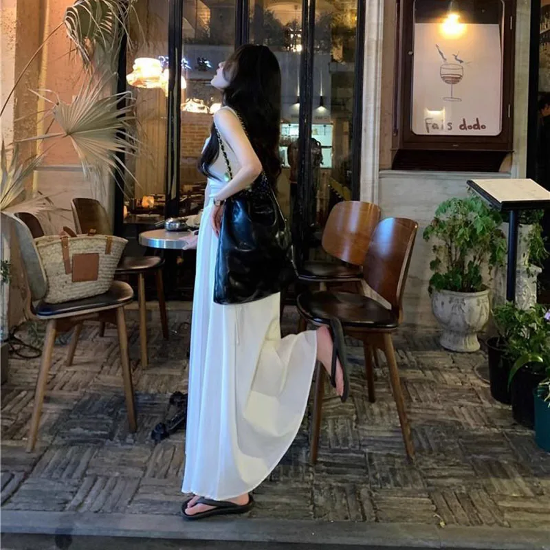 French Style White Suspender Dress Woman Korean Chic Drawstring High Waist Long Dresses Summer Sleeveless Square Collar Dress
