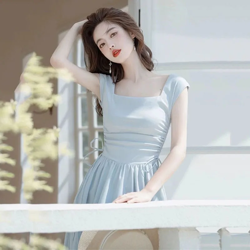 French Style White Suspender Dress Woman Korean Chic Drawstring High Waist Long Dresses Summer Sleeveless Square Collar Dress