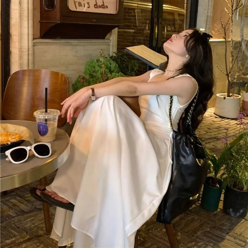 French Style White Suspender Dress Woman Korean Chic Drawstring High Waist Long Dresses Summer Sleeveless Square Collar Dress