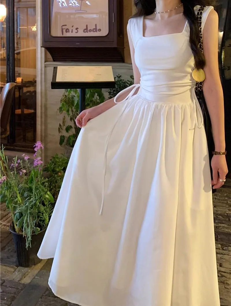 French Style White Suspender Dress Woman Korean Chic Drawstring High Waist Long Dresses Summer Sleeveless Square Collar Dress