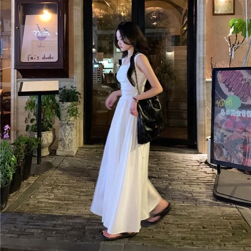 French Style White Suspender Dress Woman Korean Chic Drawstring High Waist Long Dresses Summer Sleeveless Square Collar Dress