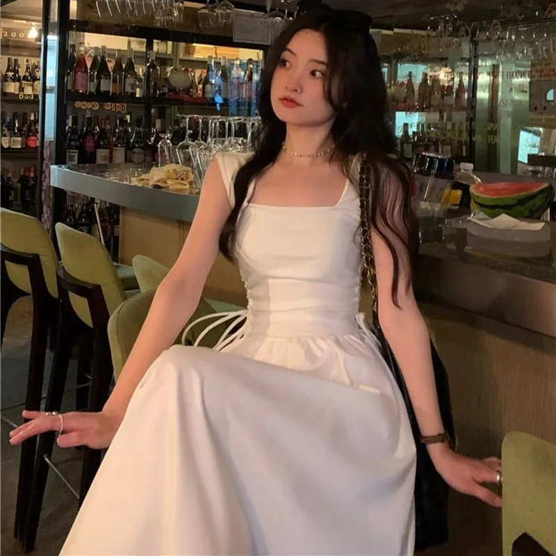 French Style White Suspender Dress Woman Korean Chic Drawstring High Waist Long Dresses Summer Sleeveless Square Collar Dress