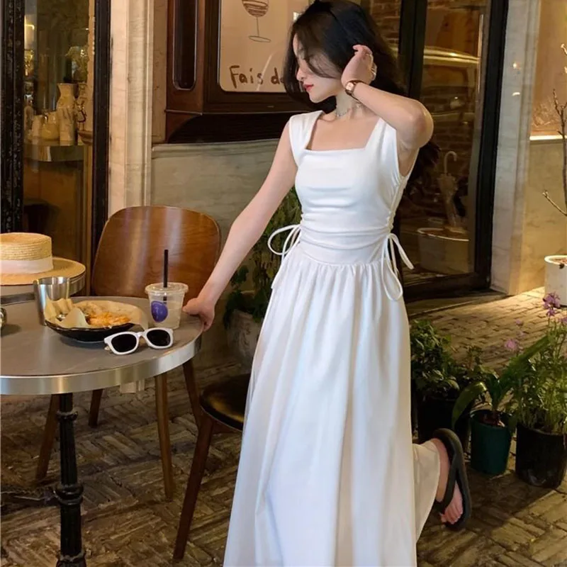 French Style White Suspender Dress Woman Korean Chic Drawstring High Waist Long Dresses Summer Sleeveless Square Collar Dress