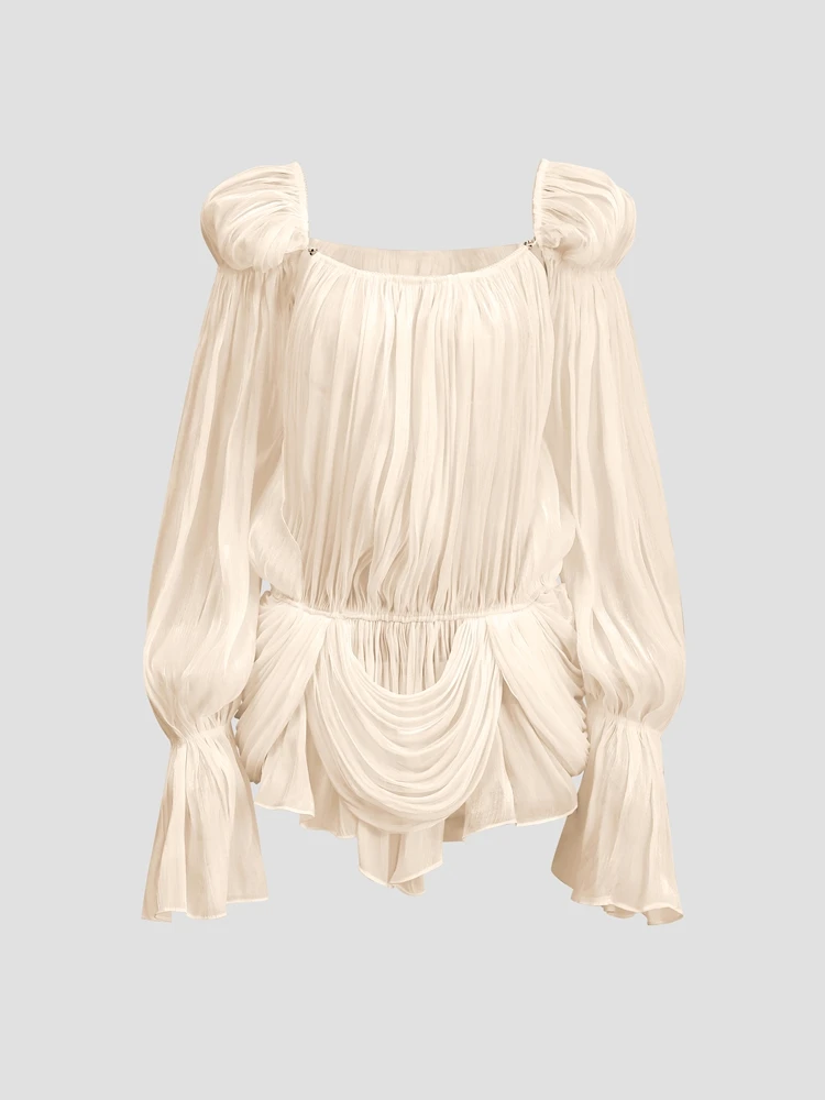 Sexy Trendy Beige Mesh Fold Irregular Dress Women Chic Square Collar Flared Sleeve Pleat Hollow Out Gown Summer Club Party Wear