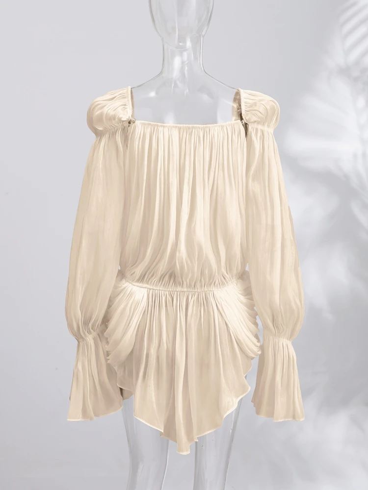 Sexy Trendy Beige Mesh Fold Irregular Dress Women Chic Square Collar Flared Sleeve Pleat Hollow Out Gown Summer Club Party Wear