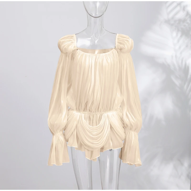 Sexy Trendy Beige Mesh Fold Irregular Dress Women Chic Square Collar Flared Sleeve Pleat Hollow Out Gown Summer Club Party Wear