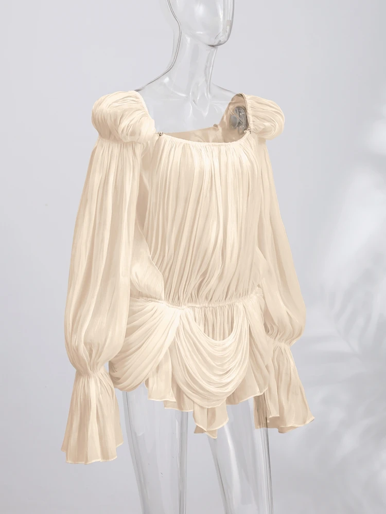Sexy Trendy Beige Mesh Fold Irregular Dress Women Chic Square Collar Flared Sleeve Pleat Hollow Out Gown Summer Club Party Wear