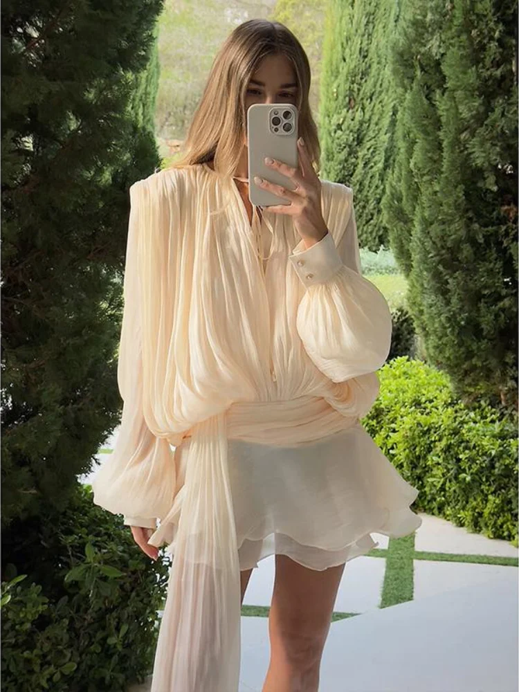 Sexy Trendy Beige Mesh Fold Irregular Dress Women Chic Square Collar Flared Sleeve Pleat Hollow Out Gown Summer Club Party Wear