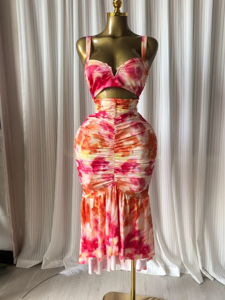 CM.YAYA 2026 Women's Tropical Floral Print Cutout Ruched Ruffle Midi Dress Summer Elegant Birthday Party Club Cocktail Dresses