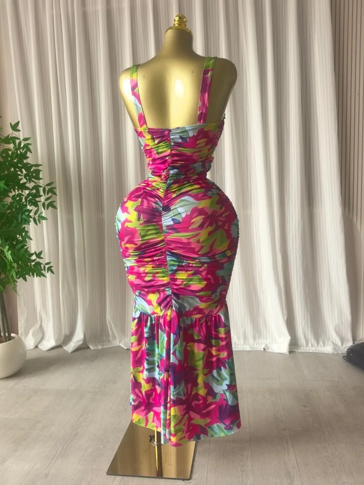 CM.YAYA 2026 Women's Tropical Floral Print Cutout Ruched Ruffle Midi Dress Summer Elegant Birthday Party Club Cocktail Dresses