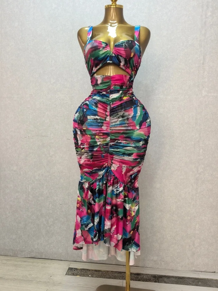 CM.YAYA 2026 Women's Tropical Floral Print Cutout Ruched Ruffle Midi Dress Summer Elegant Birthday Party Club Cocktail Dresses