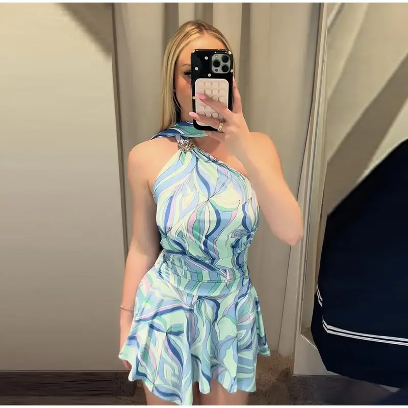 Print Women Dress Backless Mini Dress Halter High Waist Dresses Flared Skirt Hem Waist Shaping Slimming Casual Trendy Street Sty