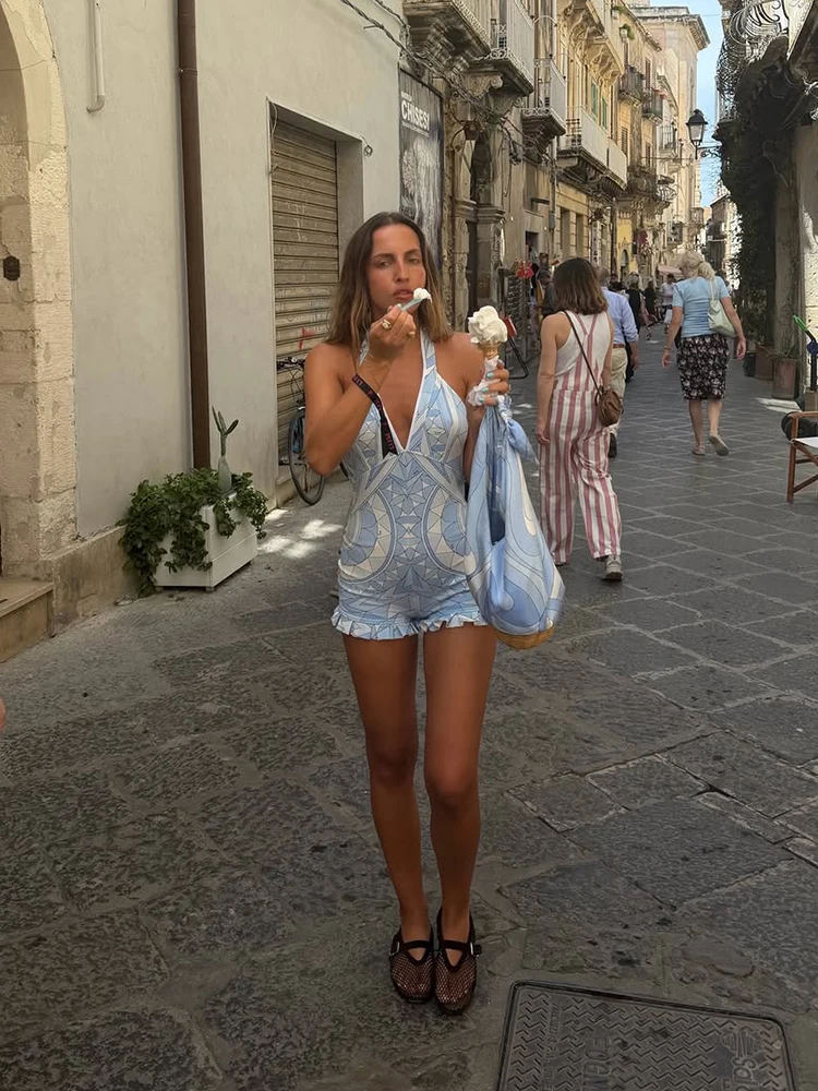 Print Women Dress Backless Mini Dress Halter High Waist Dresses Flared Skirt Hem Waist Shaping Slimming Casual Trendy Street Sty