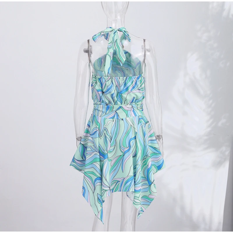 Print Women Dress Backless Mini Dress Halter High Waist Dresses Flared Skirt Hem Waist Shaping Slimming Casual Trendy Street Sty