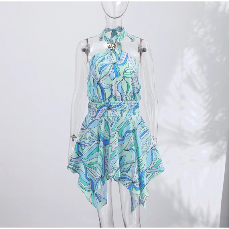 Print Women Dress Backless Mini Dress Halter High Waist Dresses Flared Skirt Hem Waist Shaping Slimming Casual Trendy Street Sty