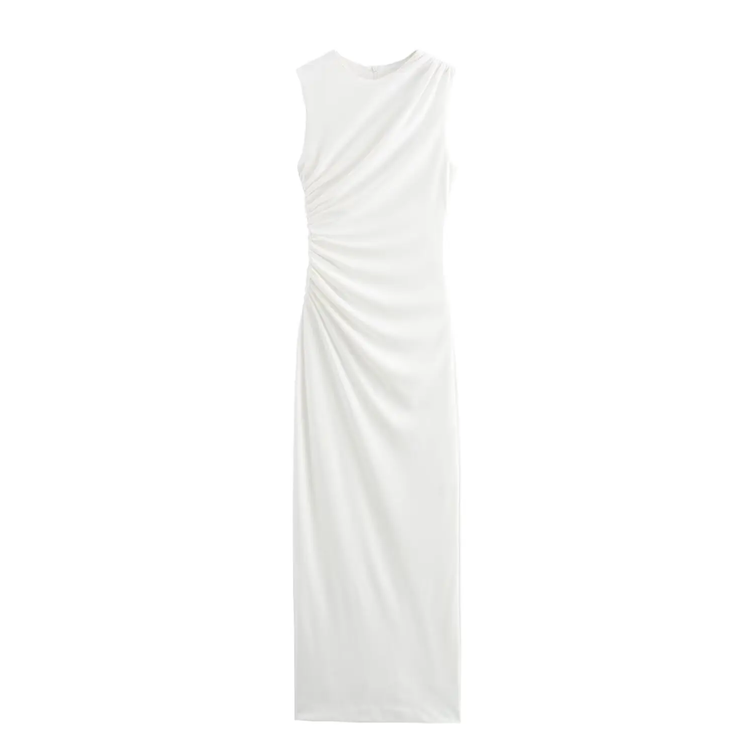 BSAY Women Fashion Summer New White Pleated Back Zip Sleeveless Crewneck Vest Long Dress Chic Female Elegant Evening