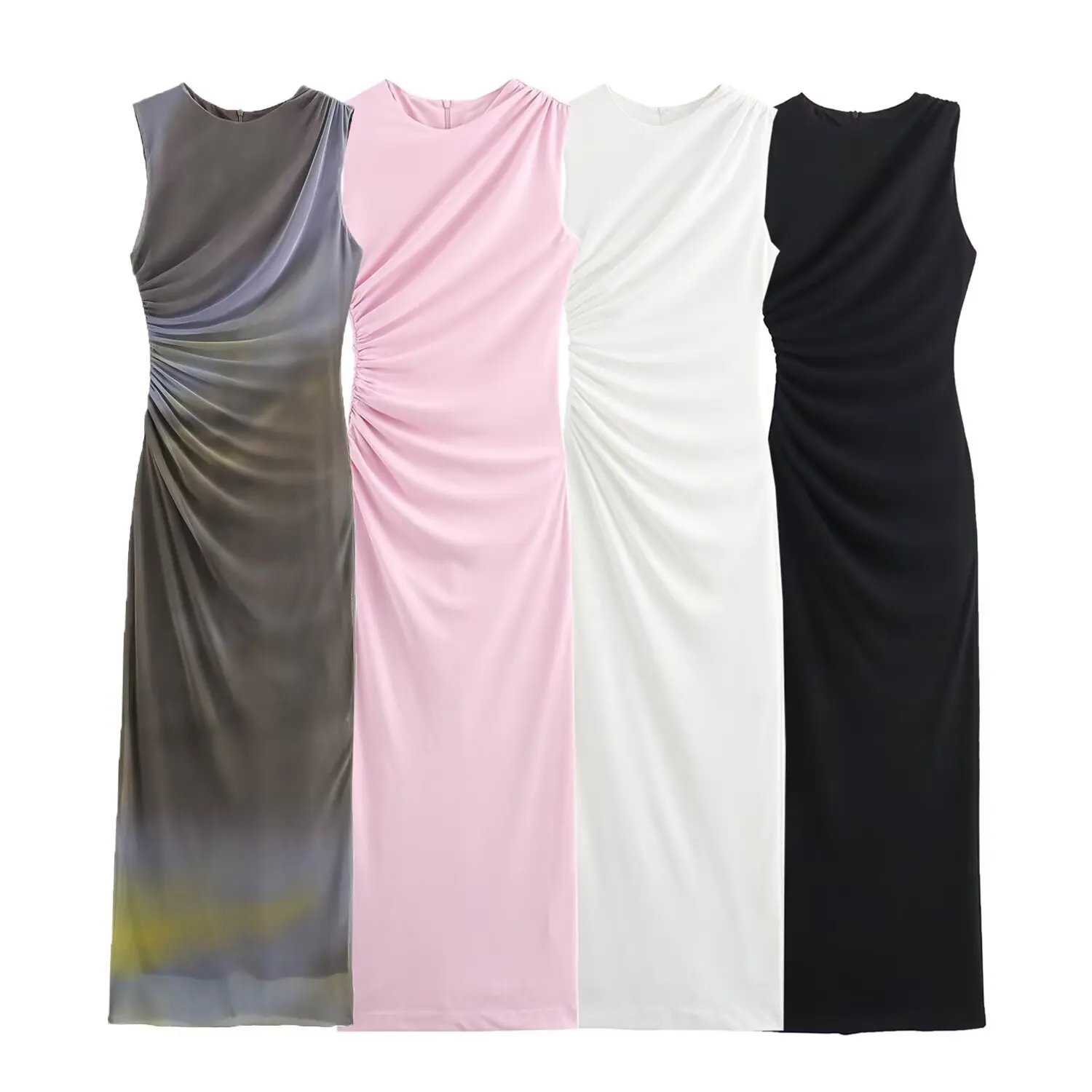 BSAY Women Fashion Summer New White Pleated Back Zip Sleeveless Crewneck Vest Long Dress Chic Female Elegant Evening