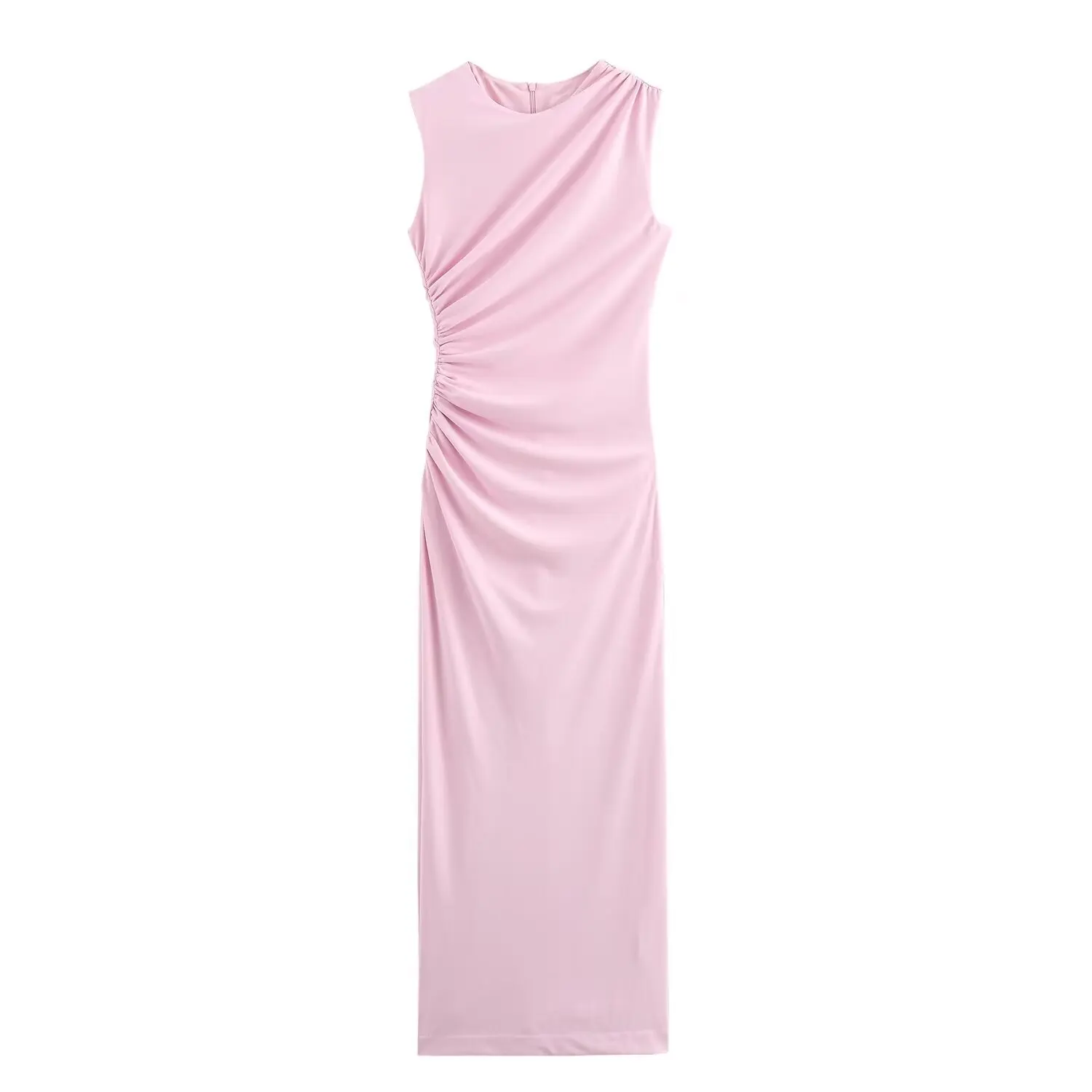 BSAY Women Fashion Summer New White Pleated Back Zip Sleeveless Crewneck Vest Long Dress Chic Female Elegant Evening