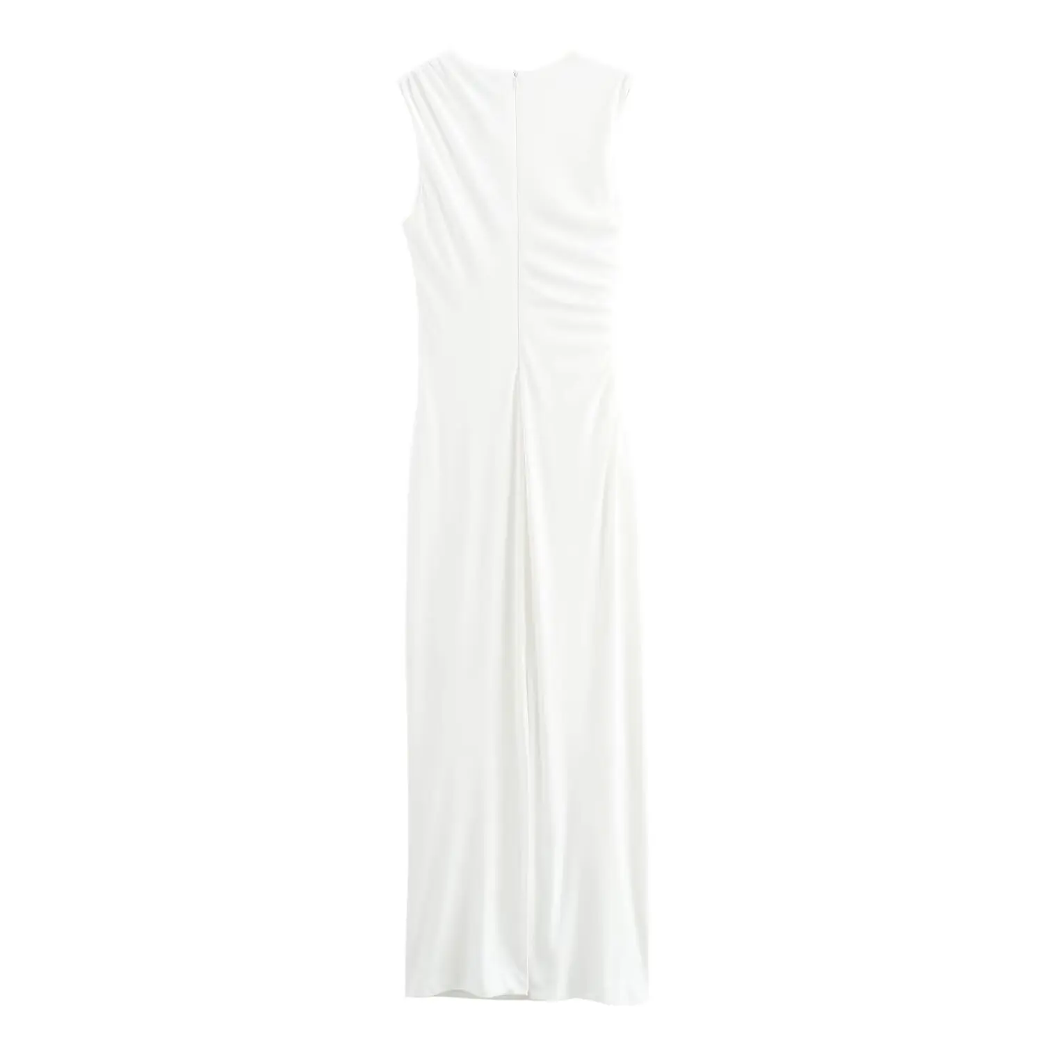BSAY Women Fashion Summer New White Pleated Back Zip Sleeveless Crewneck Vest Long Dress Chic Female Elegant Evening