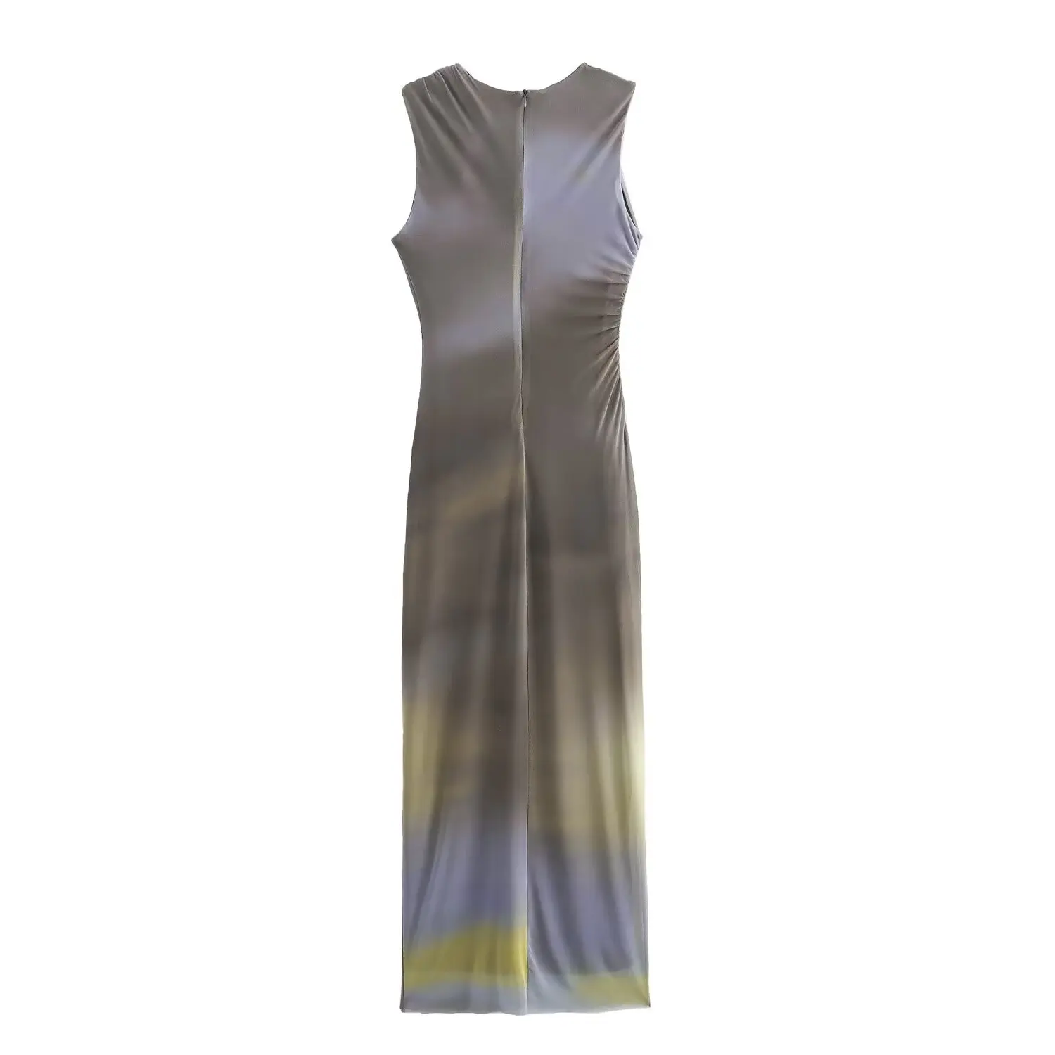 BSAY Women Fashion Summer New White Pleated Back Zip Sleeveless Crewneck Vest Long Dress Chic Female Elegant Evening